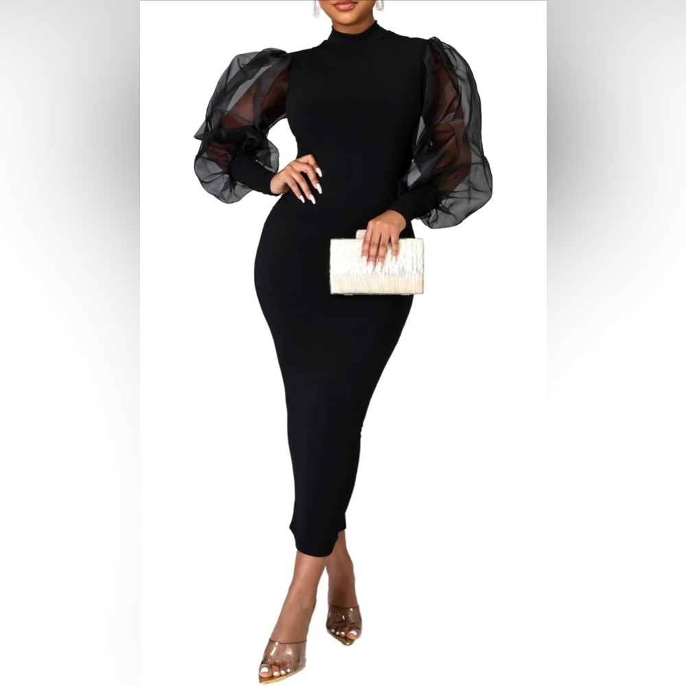 🚫SOLD🚫Women's Mock Neck Mesh Bishop Sleeve Bodycon